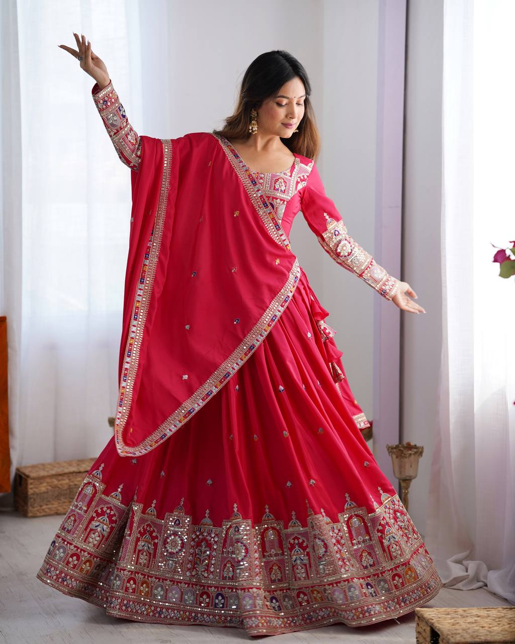 Majestic Midnight Black Designer Lehenga Choli Featuring Intricate Multicolored Architectural Embroidery and Mirror Work